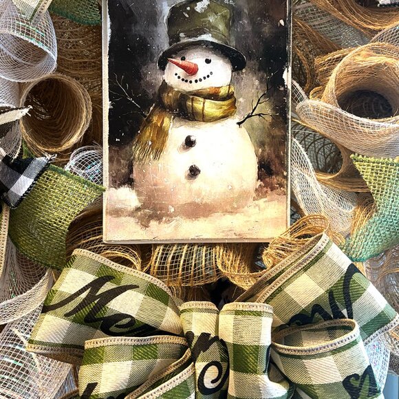 Vintage Snowman Deco Mesh Christmas Wreath - 24" - Picture 3 of 4